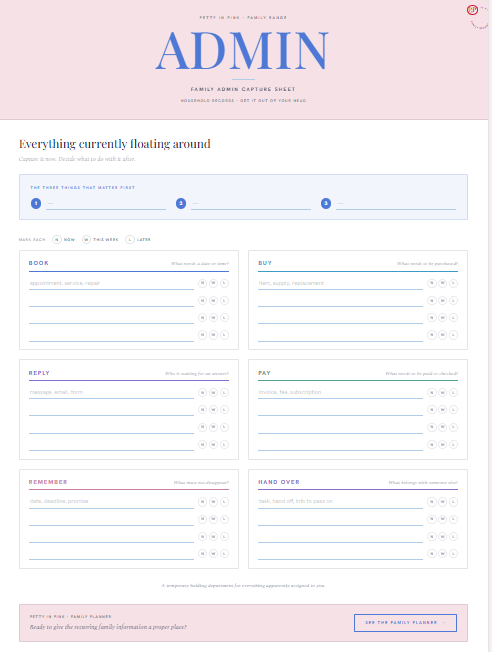 The Family Admin Capture Sheet